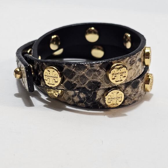 Tory Burch Snakeskin Black & Brown Leather Logo Studded Double Wrap Bracelet - Picture 3 of 6